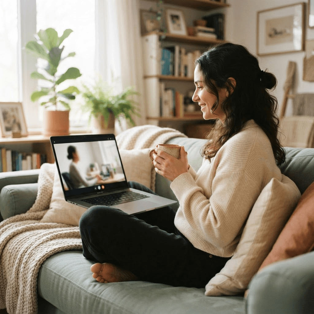 A person relaxing at home during a secure telehealth video session